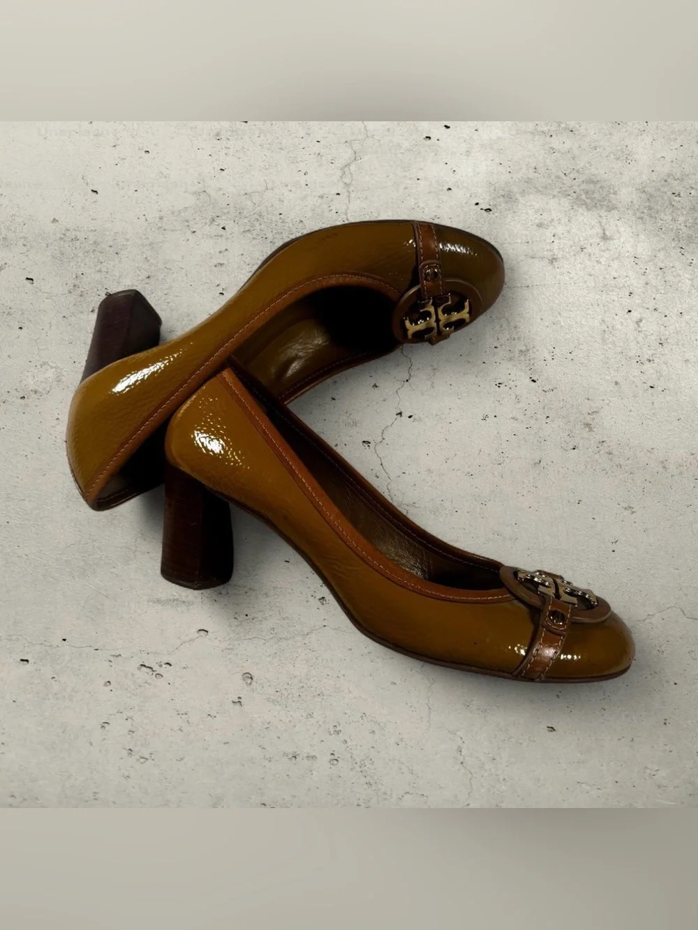 Tory Burch Tan Patent Leather Round-Toe Block Heel Pumps